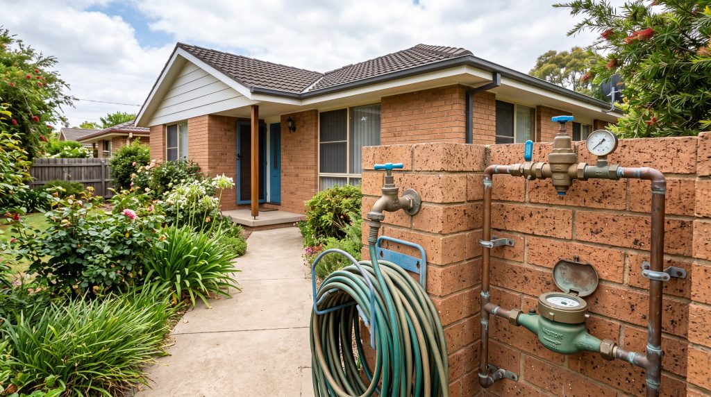 Brick home with water meter, tap and garden hose at the front