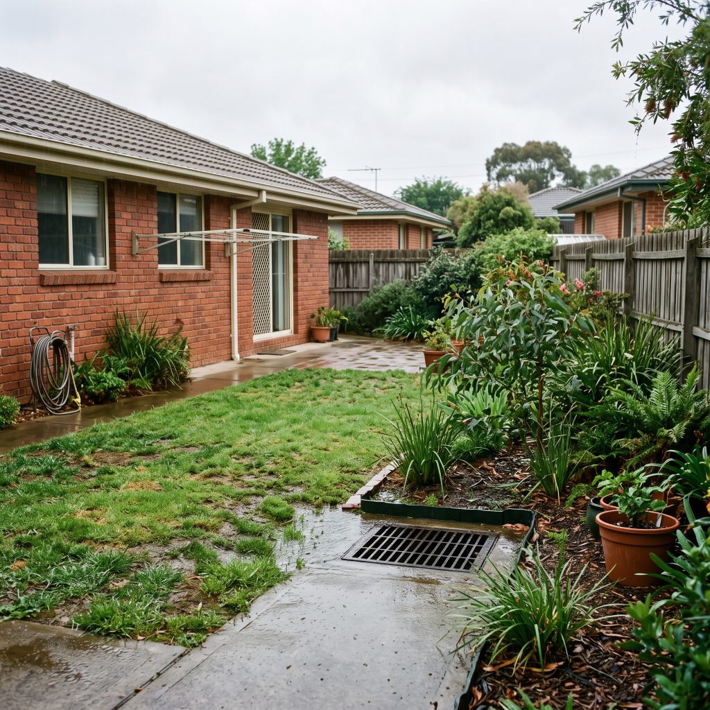 Backyard stormwater grate surrounded by wet lawn after rain
