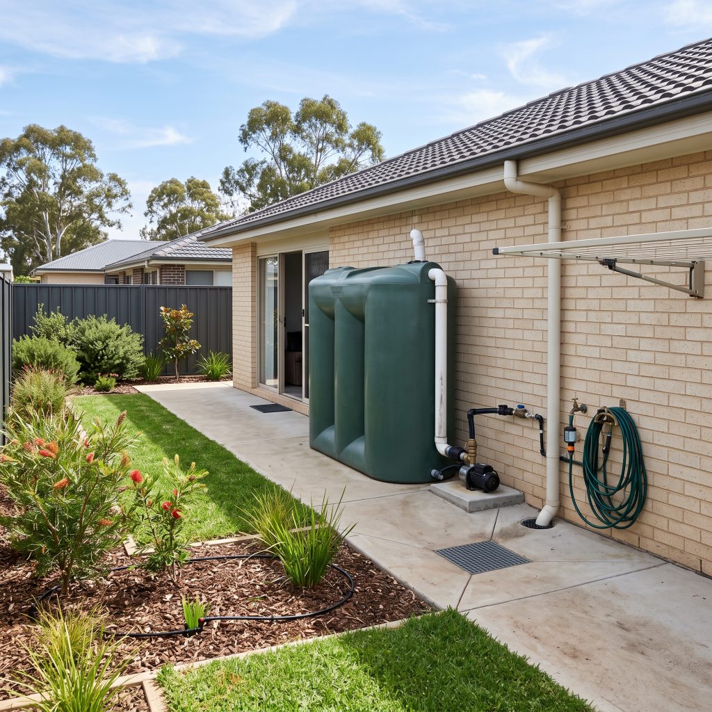 Two rainwater tanks beside a brick home