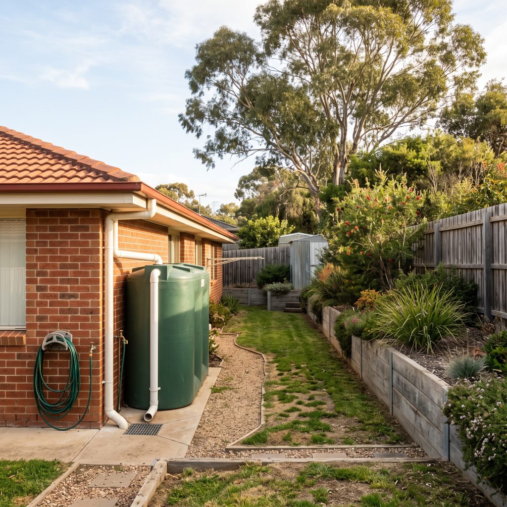 Slimline rainwater tank beside a brick home