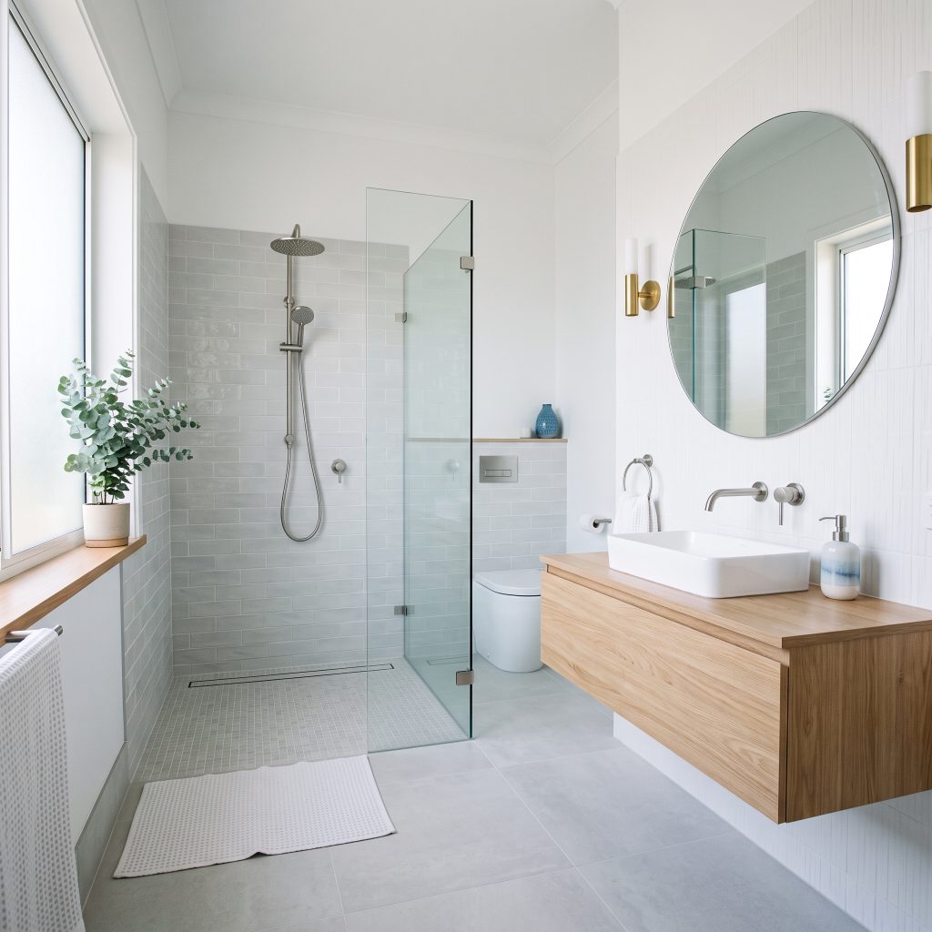 Bathroom with walk-in glass shower and floating timber vanity