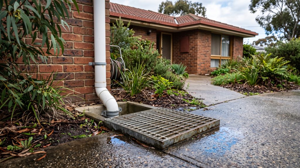 Downpipe draining into a stormwater grate beside a brick home