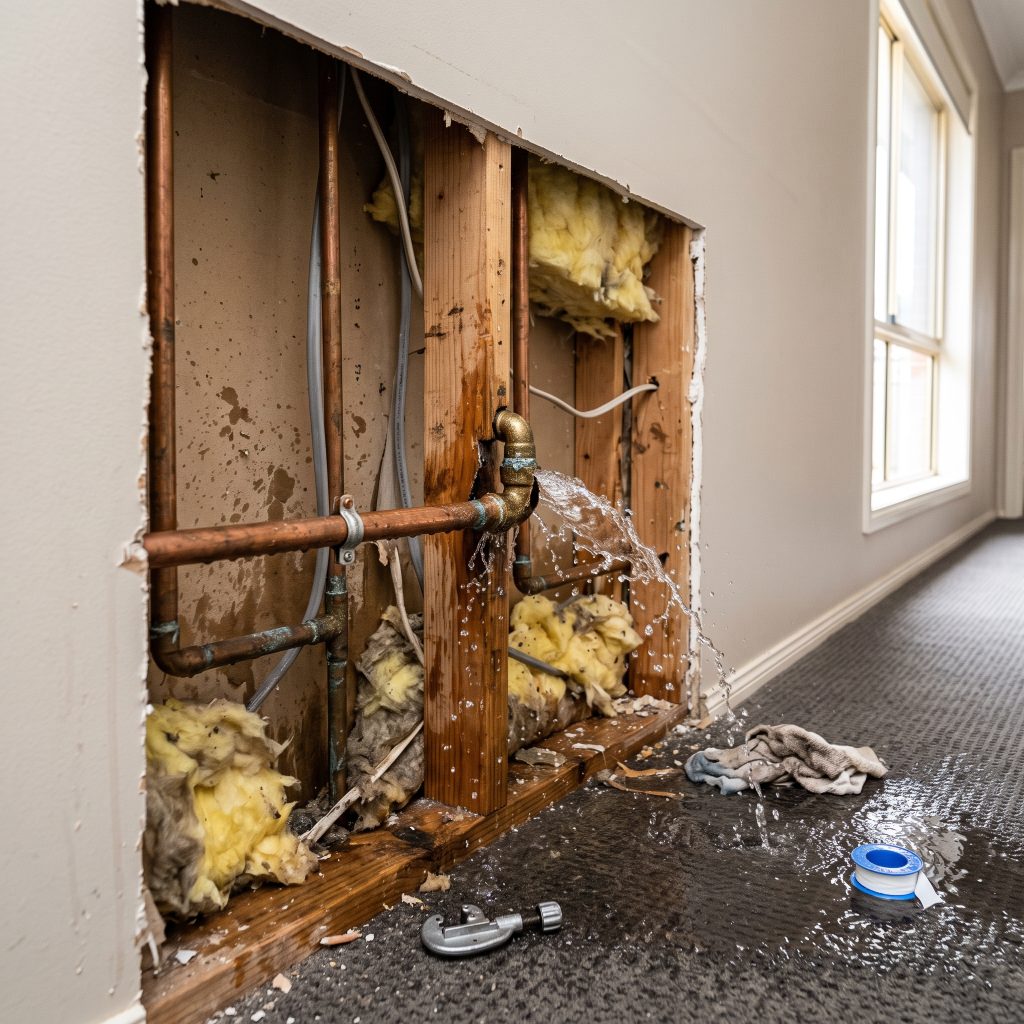 Copper pipe leaking inside an opened wall cavity
