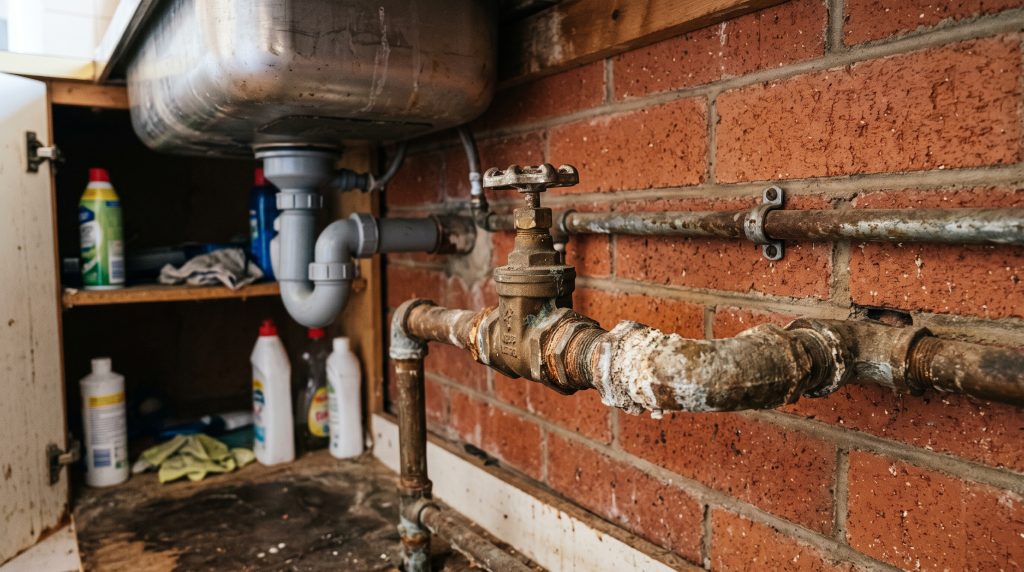 Corroded pipes under a kitchen sink