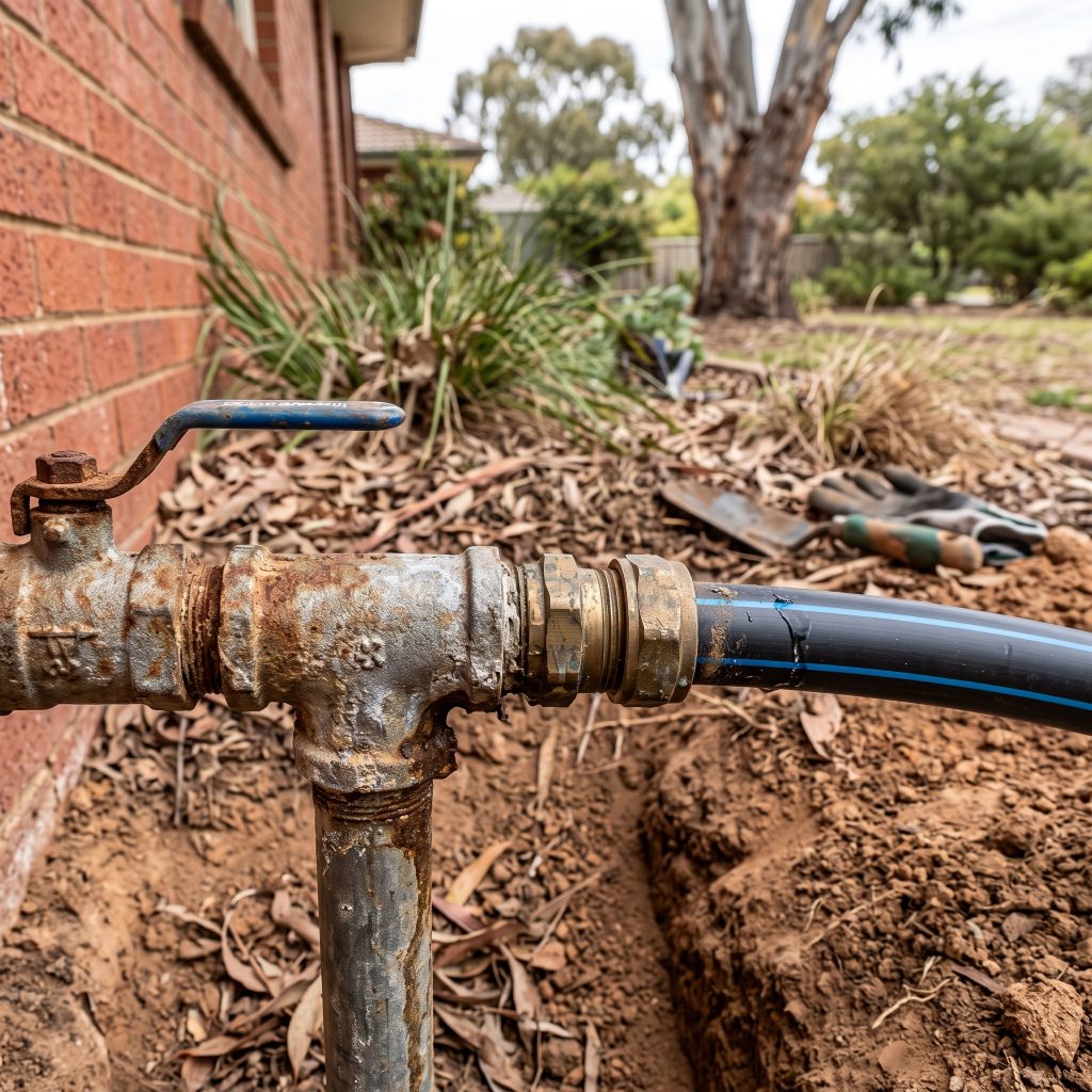 Corroded pipe fitting in a garden bed beside a brick home