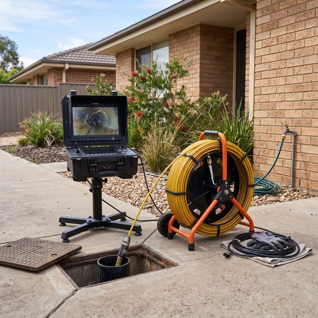 Drain inspection camera and cable reel set up over an open drain beside a brick home
