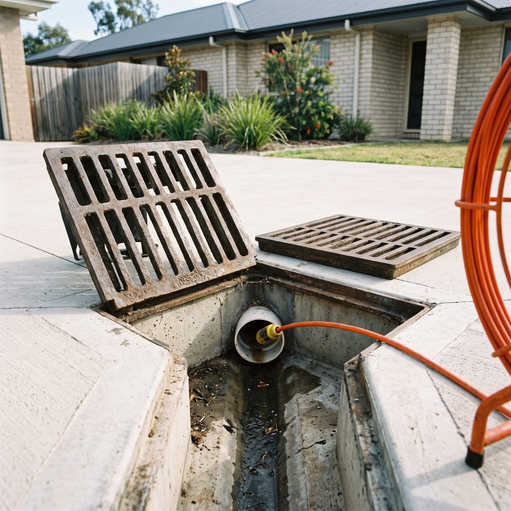 Stormwater pit with the grate lifted and a drain camera cable fed into the drain