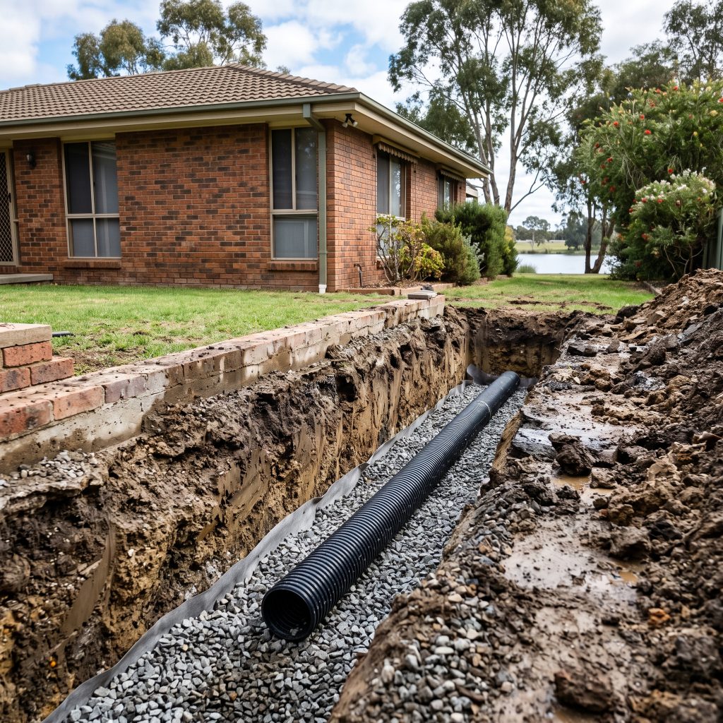 Trench with new slotted drainage pipe beside a brick home