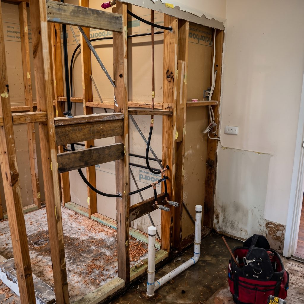 Wall frame opened up to expose plumbing pipes during a renovation