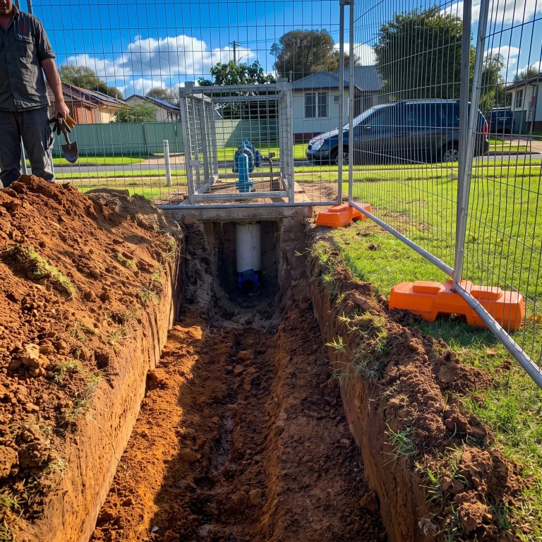 Trench excavated for underground pipework on a fenced work site