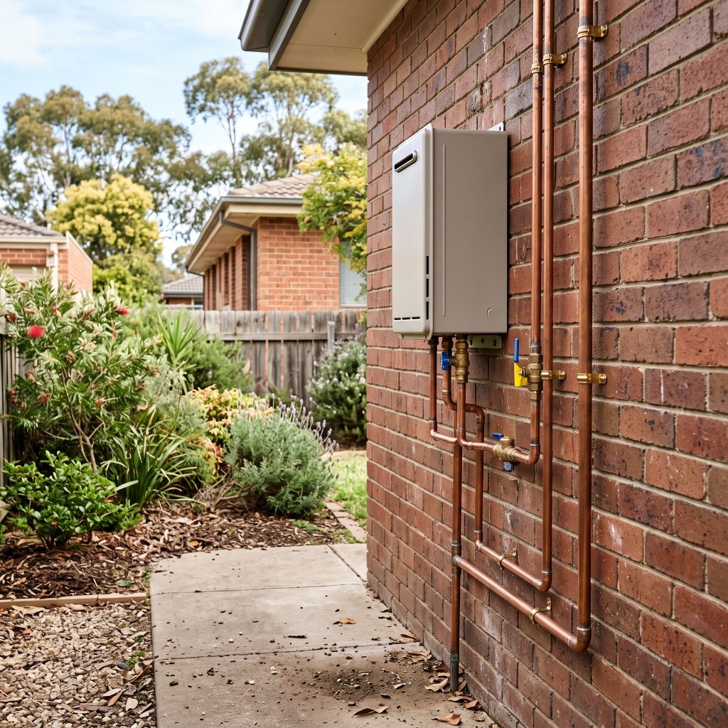Continuous-flow gas hot water unit on a brick wall