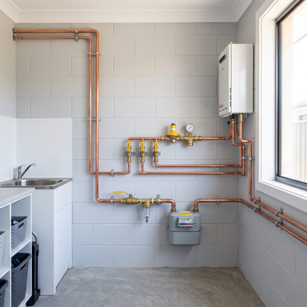 Copper gas pipework and gas meter on a laundry wall