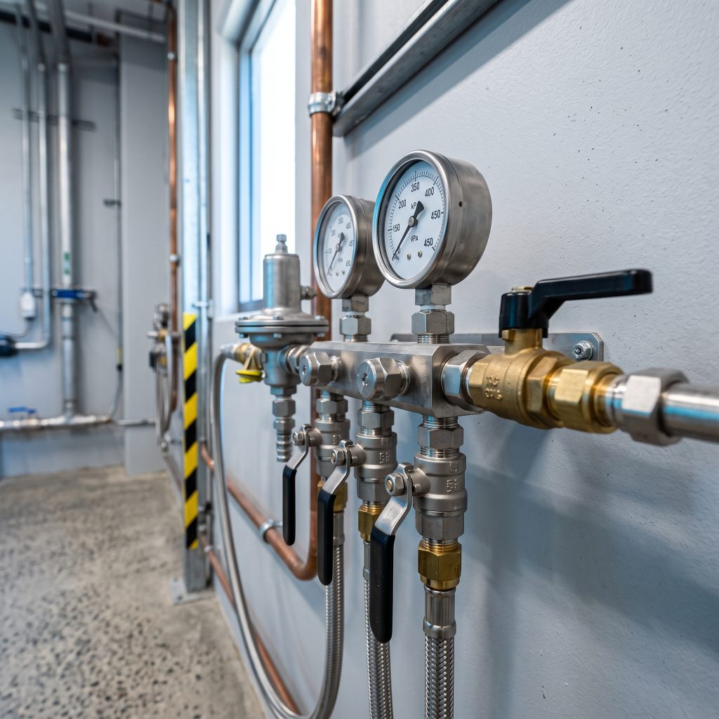 Gas regulators and pressure gauges on a gas line