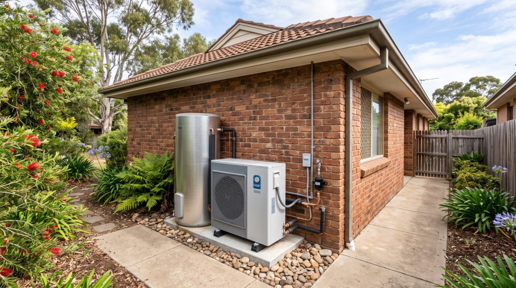 Heat pump hot water system installed beside a brick home