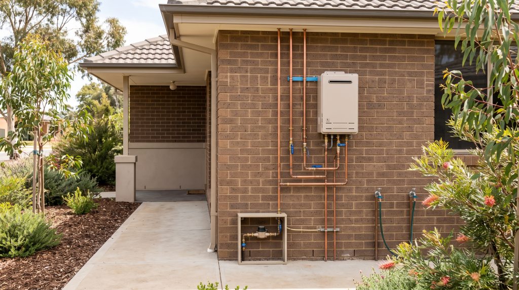 Continuous-flow hot water unit with copper pipes on a brick wall