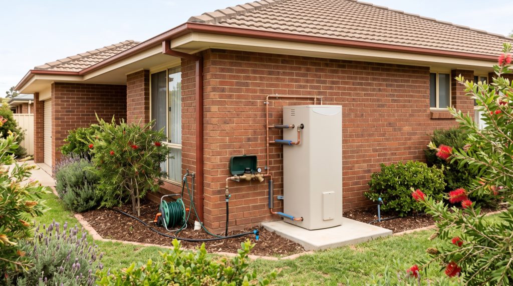Hot water storage tank installed beside a brick home