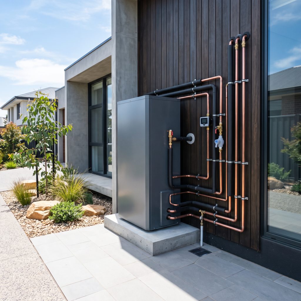 Hot water system with copper pipework installed outside a modern home