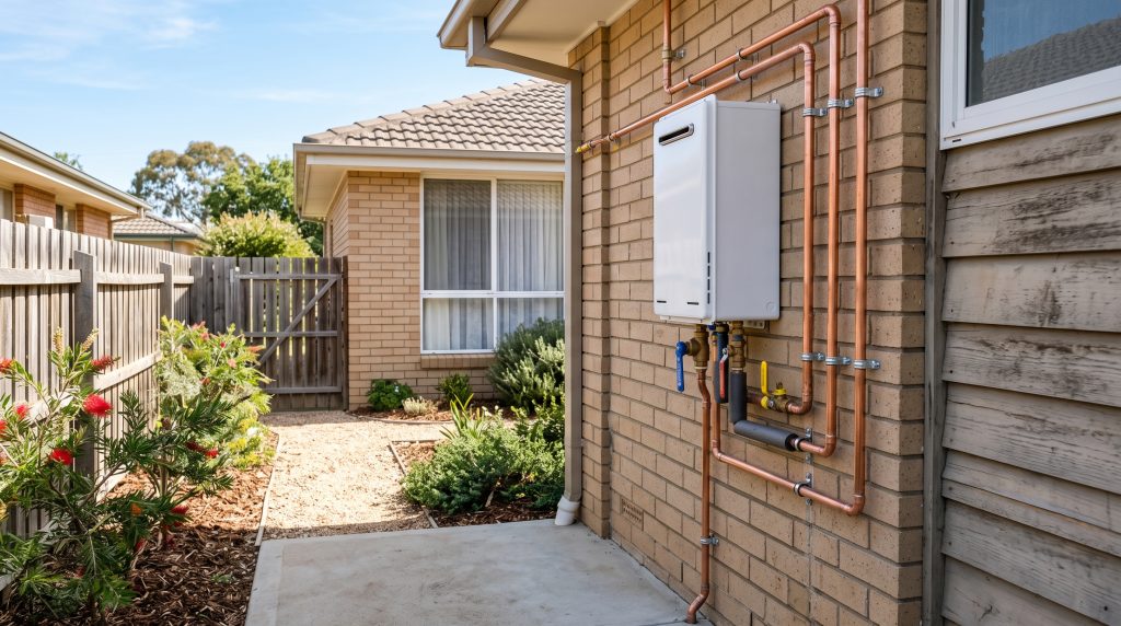 Continuous-flow hot water unit mounted on the side wall of a home