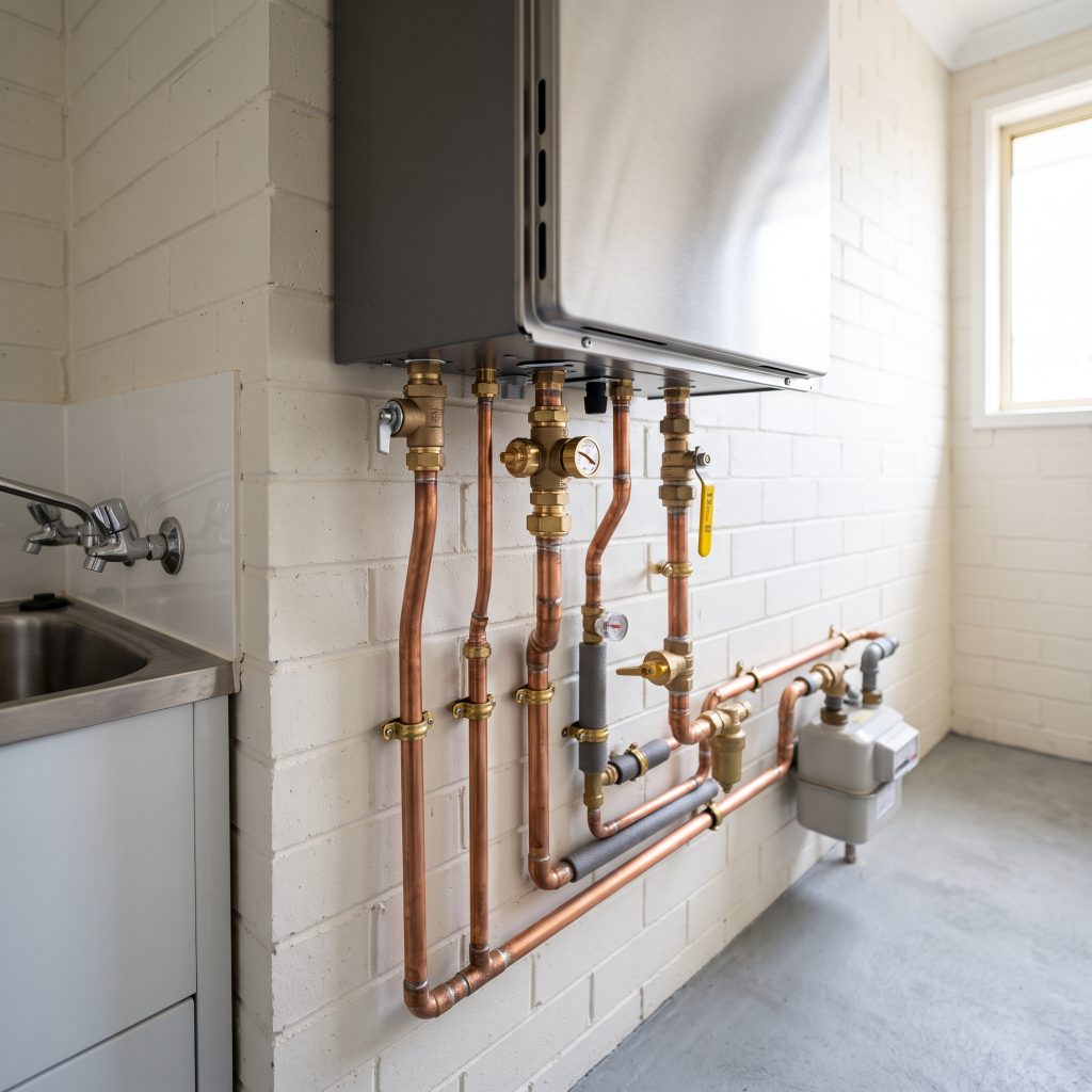 Laundry wall with continuous-flow gas hot water unit and copper pipework