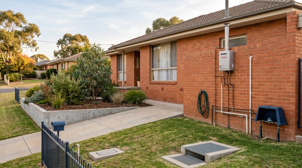 Brick home with pits and water meter along the side path