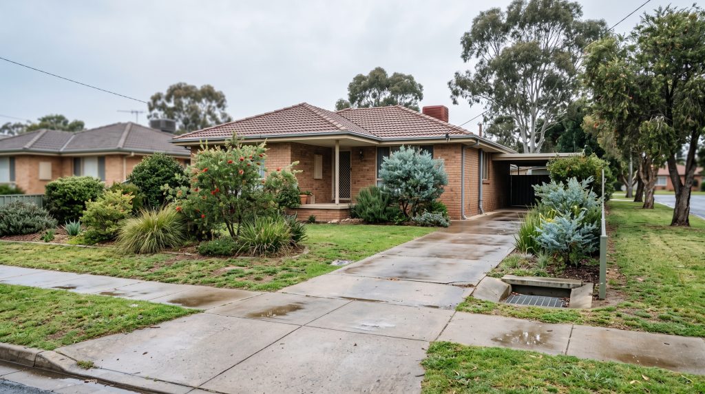 Brick home with a sloping driveway and front garden