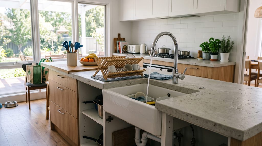 Kitchen sink with running tap and a garden view