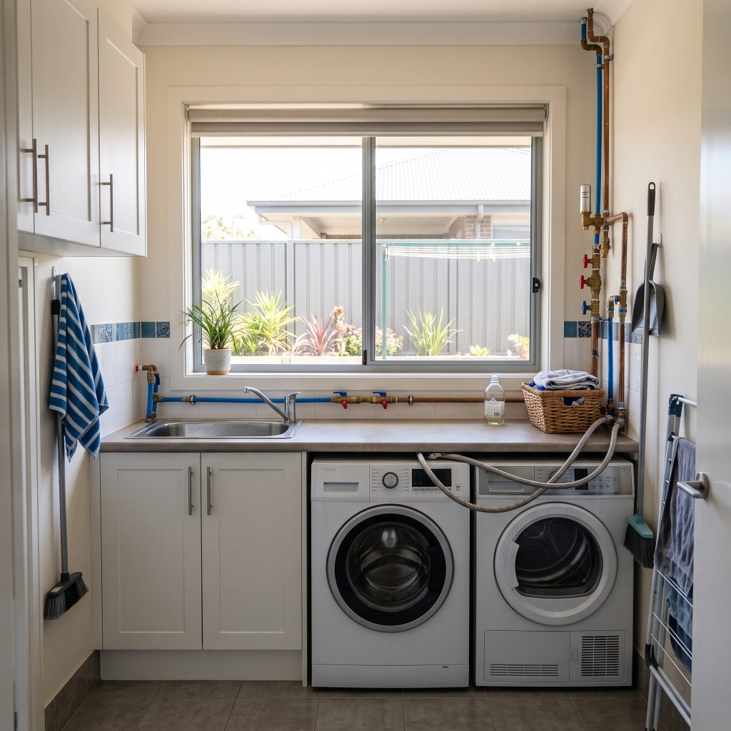 Laundry with front-loading washer and dryer and wall-mounted taps