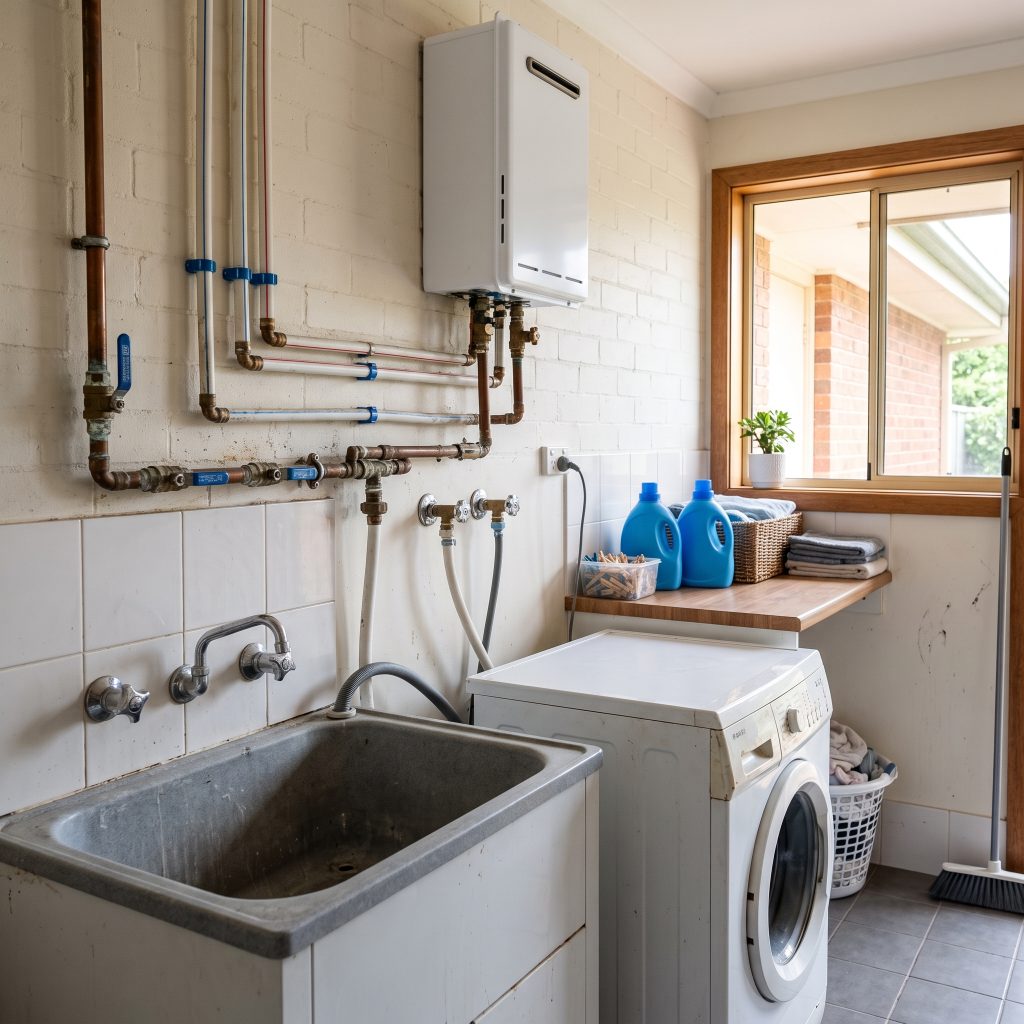 Laundry with stainless tub, hot water unit and washing machine