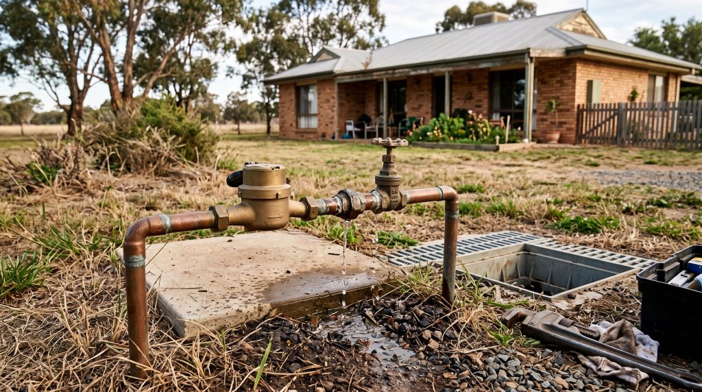 Pipework and open pit on a dry rural property