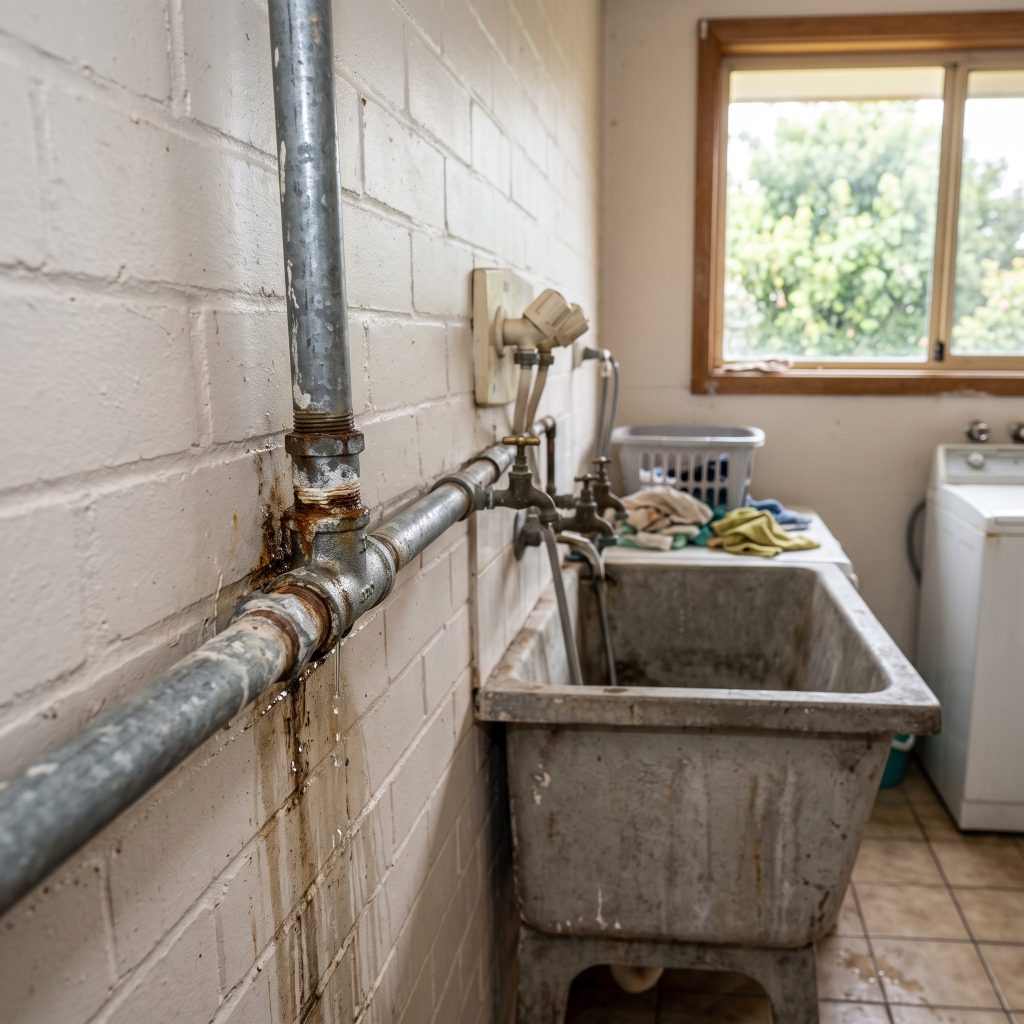 Corroded pipe leaking above a laundry tub