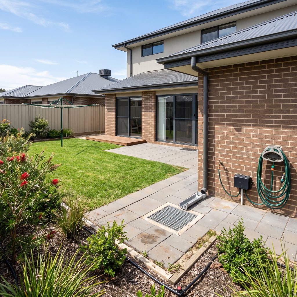 Backyard of a modern home with lawn and stormwater grate