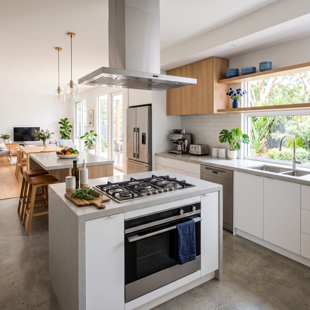 Modern kitchen with gas cooktop on the island bench