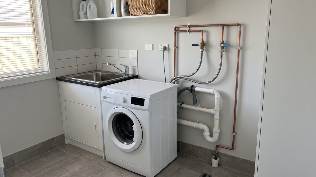 Laundry with washing machine and copper pipework