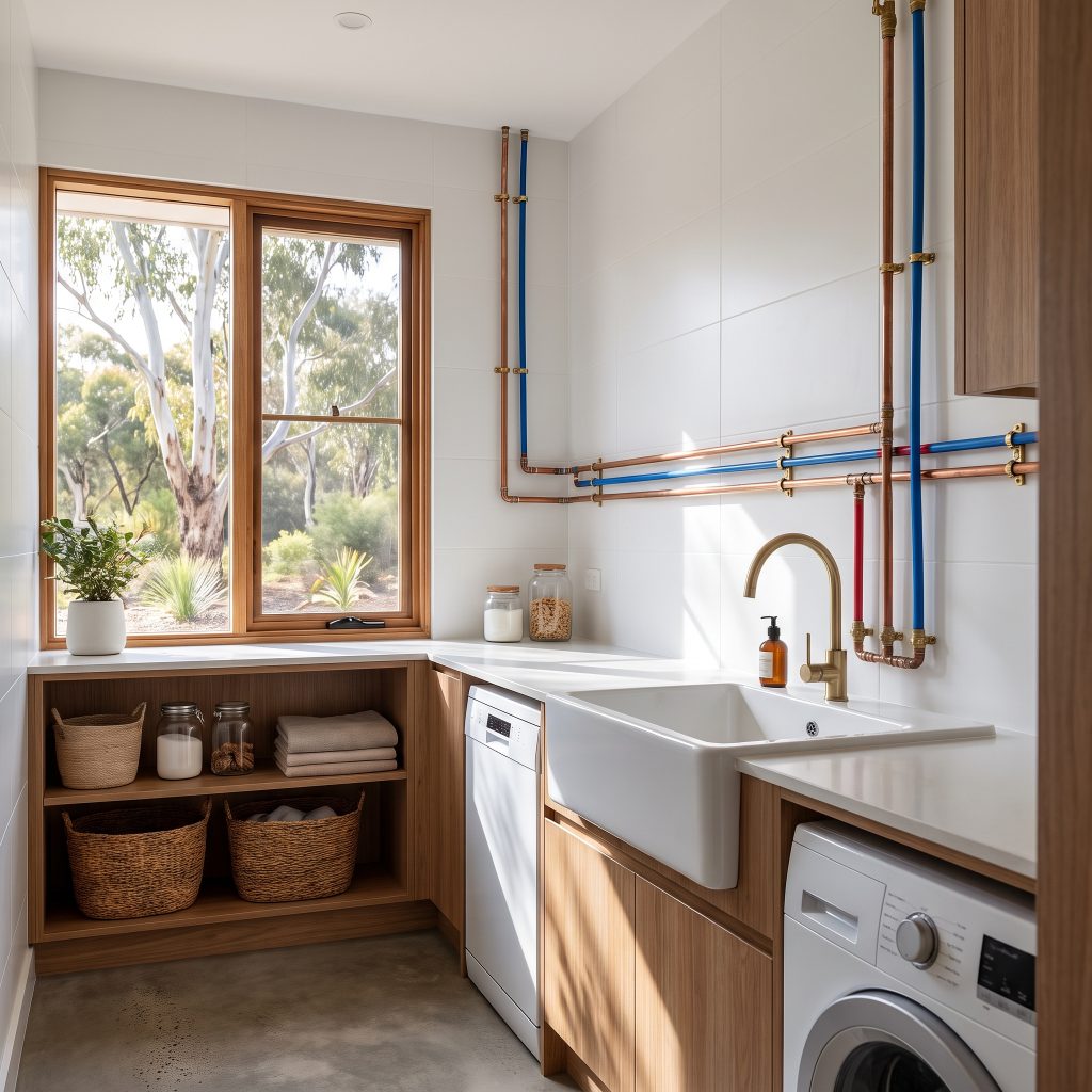 Laundry with exposed copper water pipes, butler's sink and washing machine