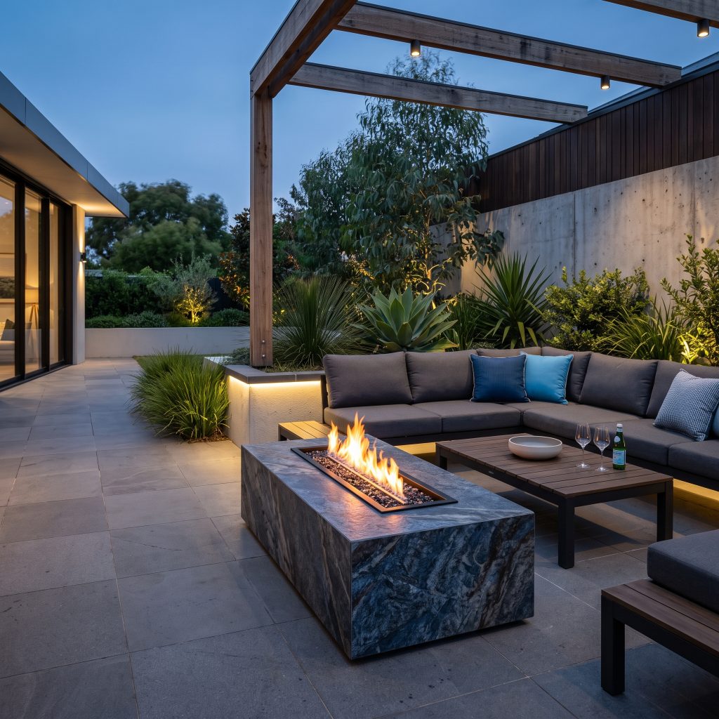Outdoor entertaining area with a gas fire table at dusk