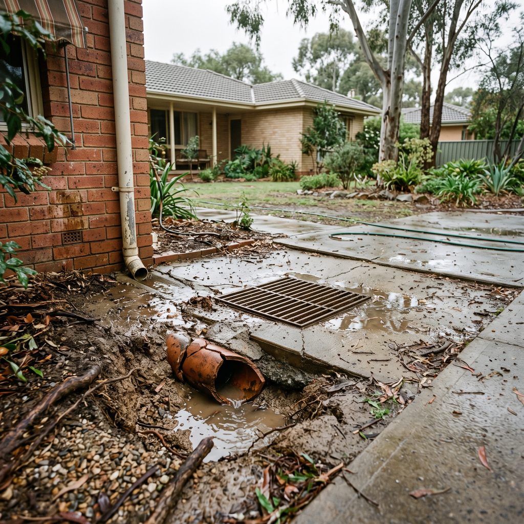 Broken drain and overflowing stormwater pit beside a home