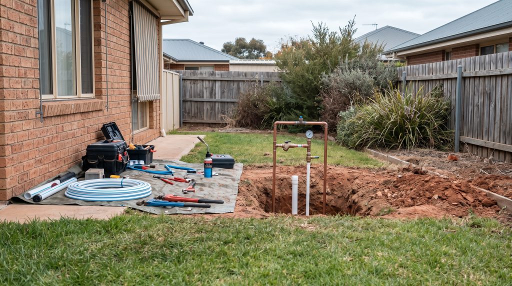 Pipe repair excavation in a backyard with tools laid out