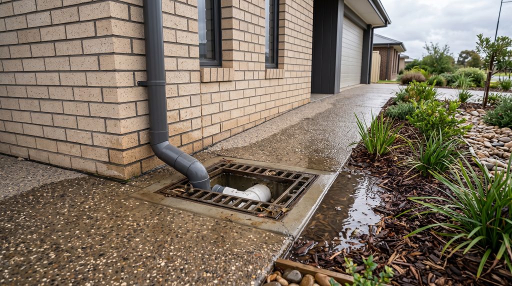 Downpipe and stormwater grate beside a brick home