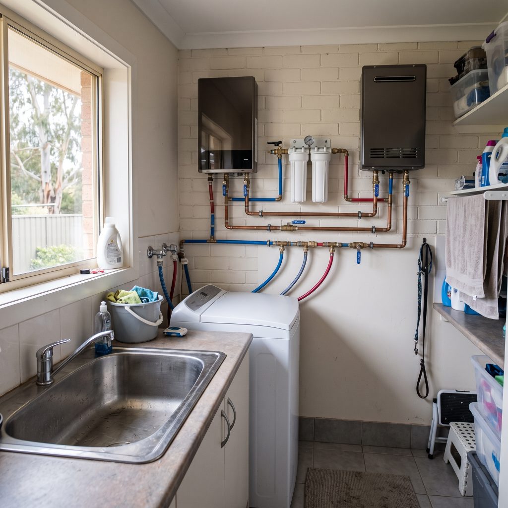 Laundry with hot water units and water filters on the wall