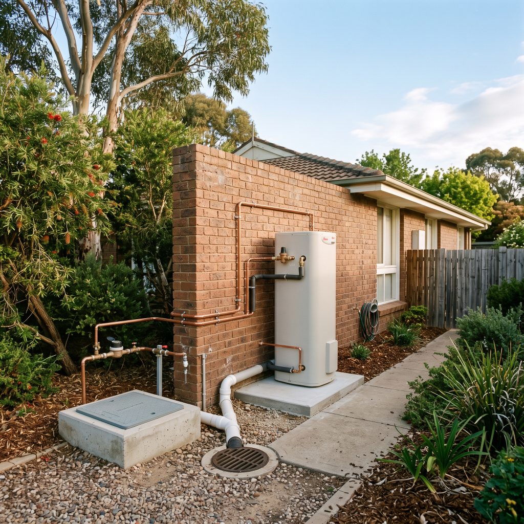 Hot water tank installed beside a brick home