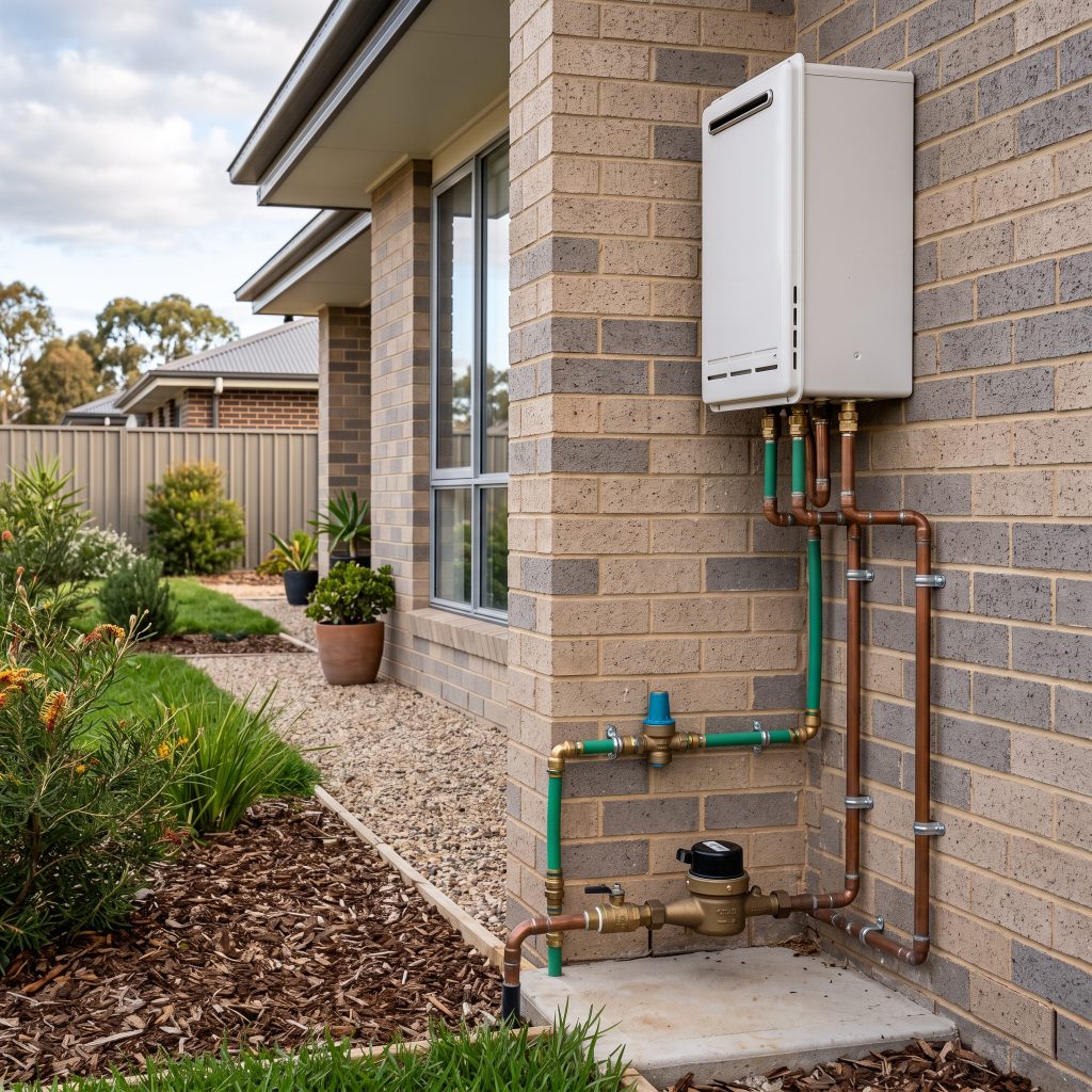 Continuous-flow hot water unit and pipework on a brick wall