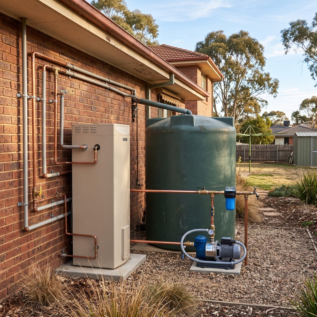 Rainwater tank, pump and hot water unit beside a rural brick home