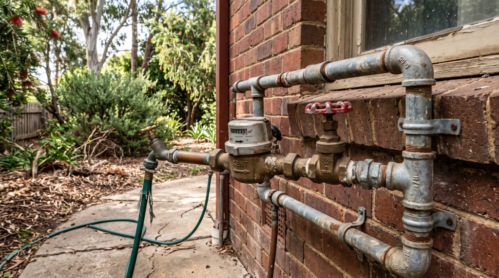 Galvanised pipework with valves on a brick wall