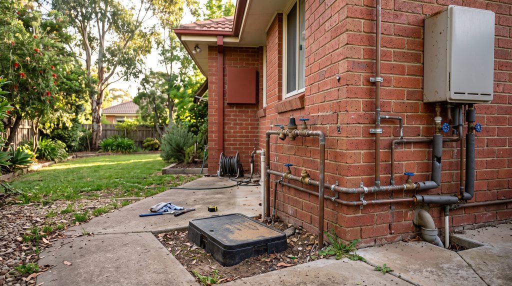 Hot water unit and pipework on a brick home