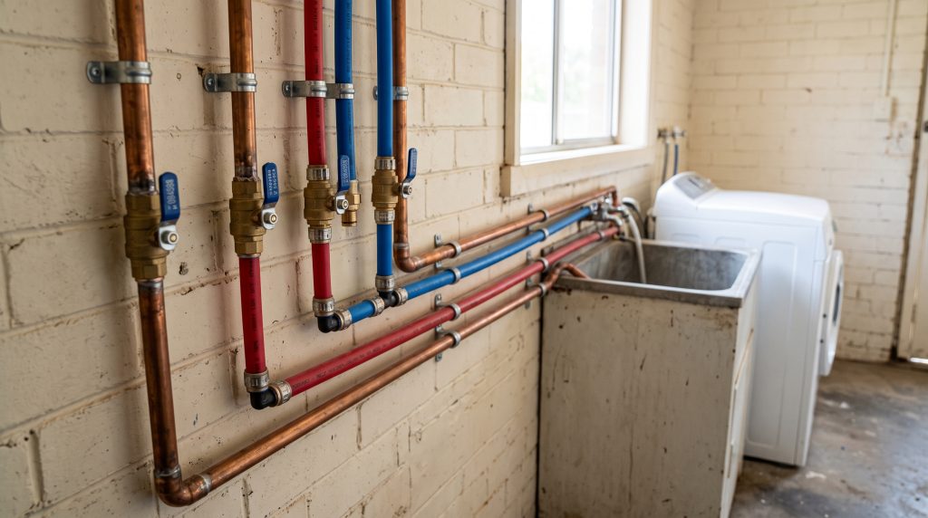 New copper, red and blue water pipes on a laundry wall