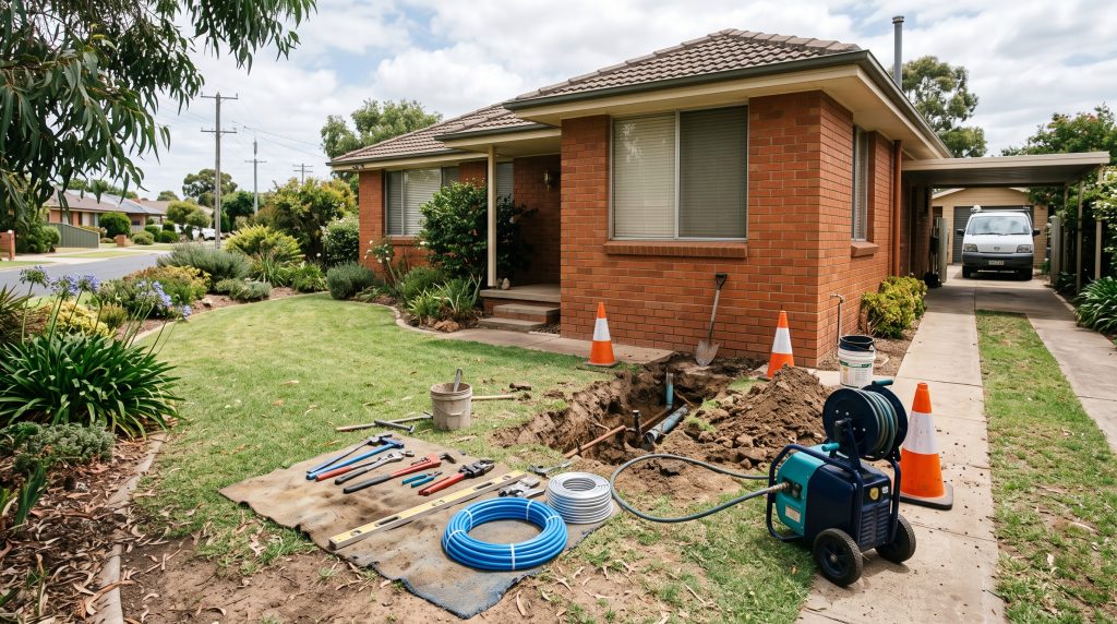 Plumbing tools and new pipe on the front lawn of a brick home
