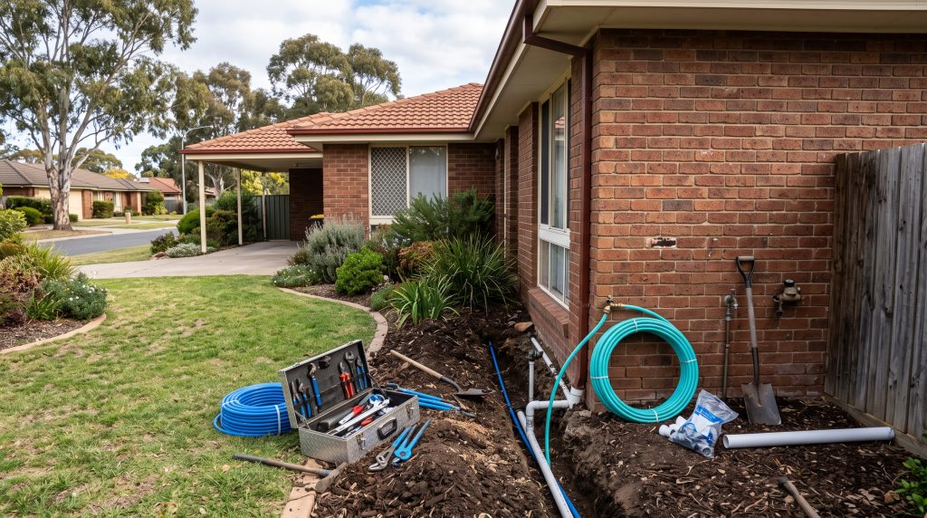 Plumbing repair under way beside a brick home with hoses and fittings on the lawn