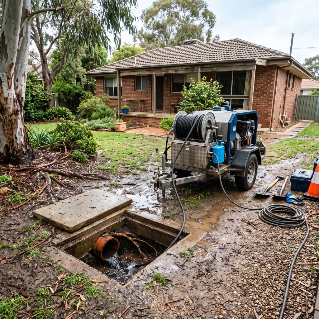 Drain jetting machine beside an open drain in a backyard
