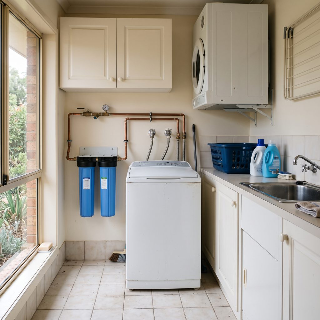 Laundry with twin water filters plumbed into the wall beside the washing machine