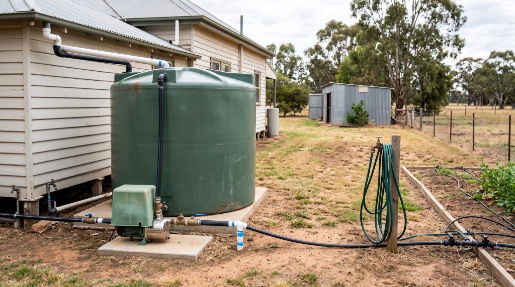 Rainwater tanks beside a weatherboard home on a rural block